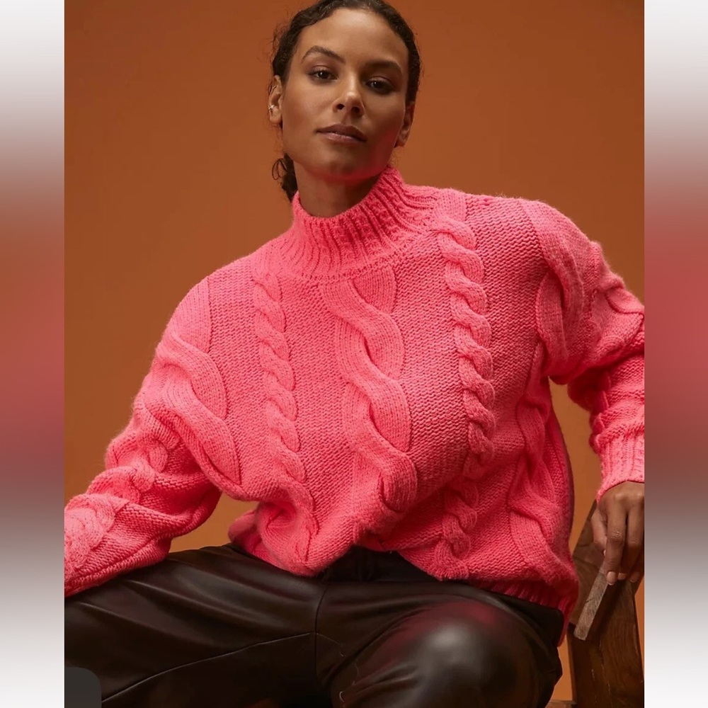 Anthropologie Vibrant Pink Cable Knit Turtleneck Sweater